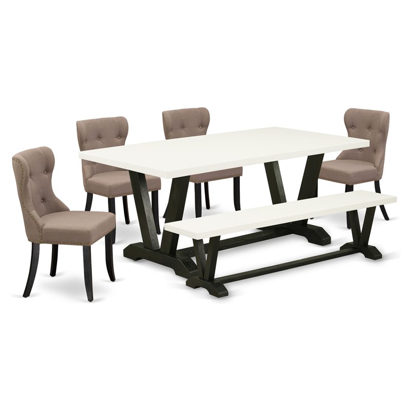 Pemberly Row 6-Piece Tufted Dining Set in Linen White and Black