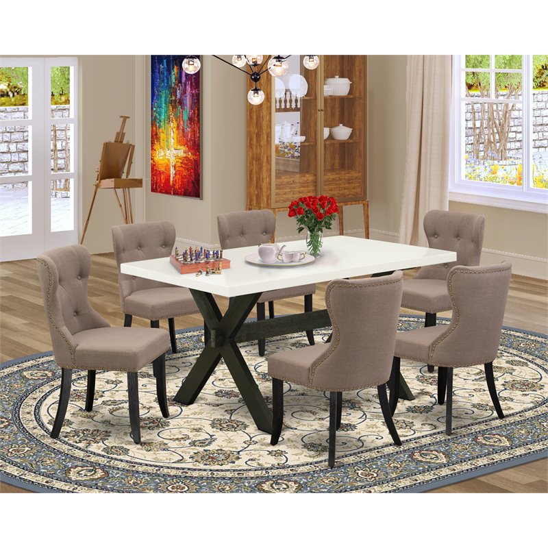 Pemberly Row 7-Piece X-Style Wood Dining Table Set in Black/Coffee