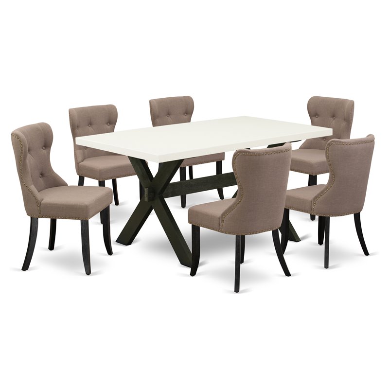 Pemberly Row 7-Piece X-Style Wood Dining Table Set in Black/Coffee