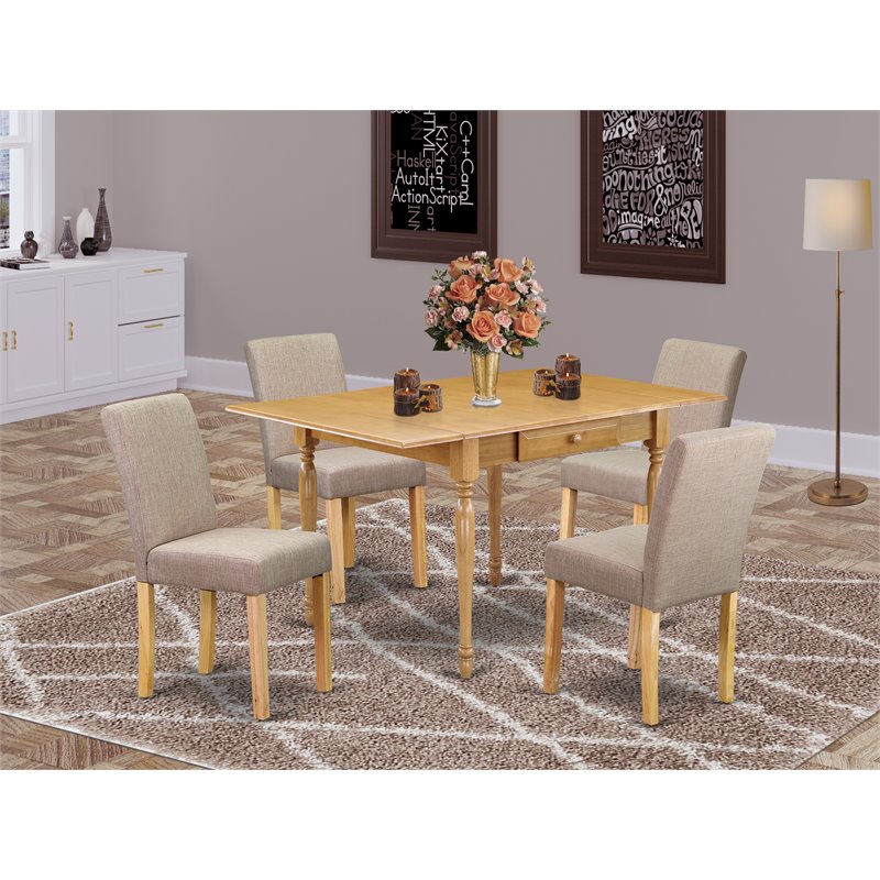 Pemberly Row 5-Piece Rubberwood Oak Dining Set with Light Fawn Linen Chairs