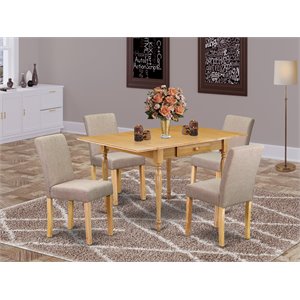 Pemberly Row 5-Piece Rubberwood Oak Dining Set with Light Fawn Linen Chairs