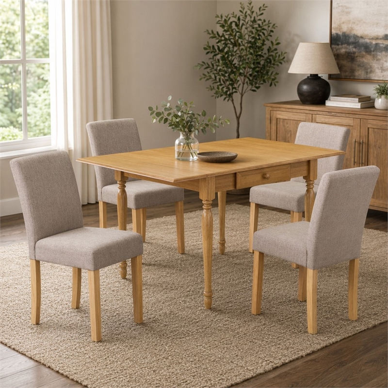 Pemberly Row 5-Piece Rubberwood Oak Dining Set with Light Fawn Linen Chairs