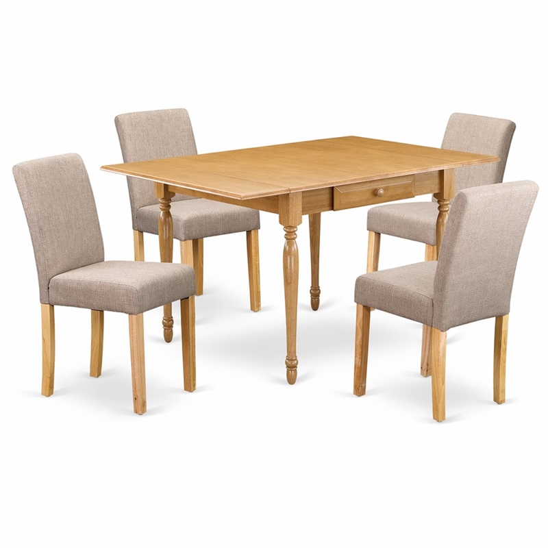 Pemberly Row 5-Piece Rubberwood Oak Dining Set with Light Fawn Linen Chairs