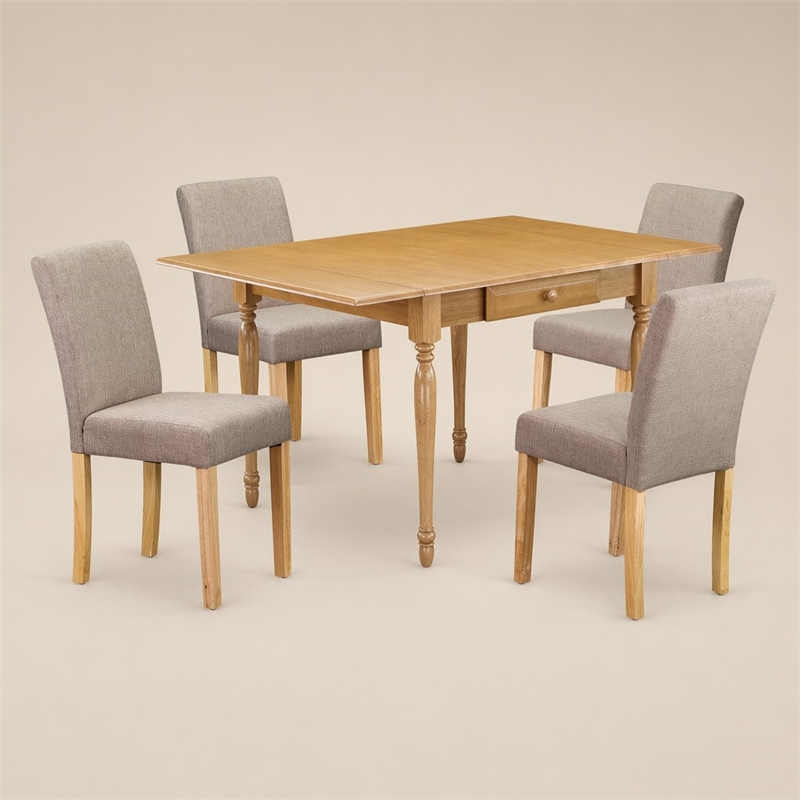 Pemberly Row 5-Piece Rubberwood Oak Dining Set with Light Fawn Linen Chairs
