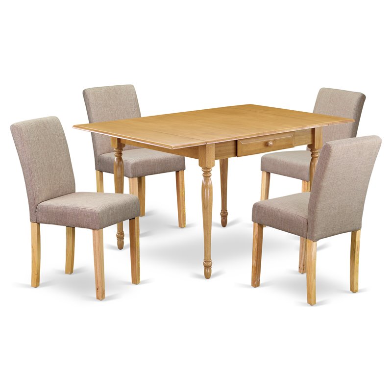 Pemberly Row 5-Piece Rubberwood Oak Dining Set with Light Fawn Linen Chairs