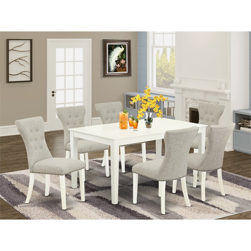 Pemberly Row 7-Piece Wood Dining Set with Linen White Table & Doeskin Chairs