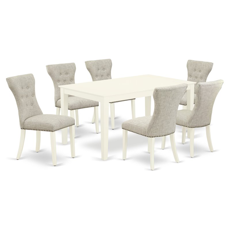 Pemberly Row 7-Piece Wood Dining Set with Linen White Table & Doeskin Chairs