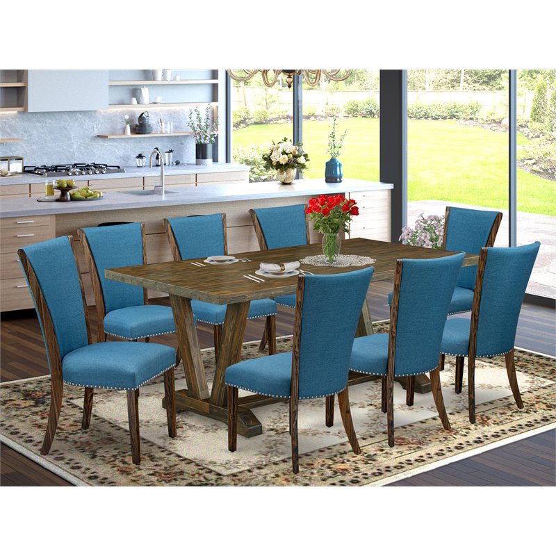 Pemberly Row 9-Piece Dining Set with Jacobean/Blue Table and Parson Chairs