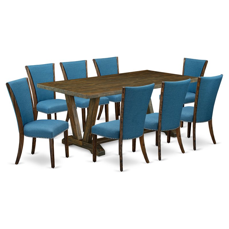 Pemberly Row 9-Piece Dining Set with Jacobean/Blue Table and Parson Chairs