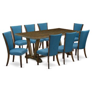 Pemberly Row 9-Piece Dining Set with Jacobean/Blue Table and Parson Chairs