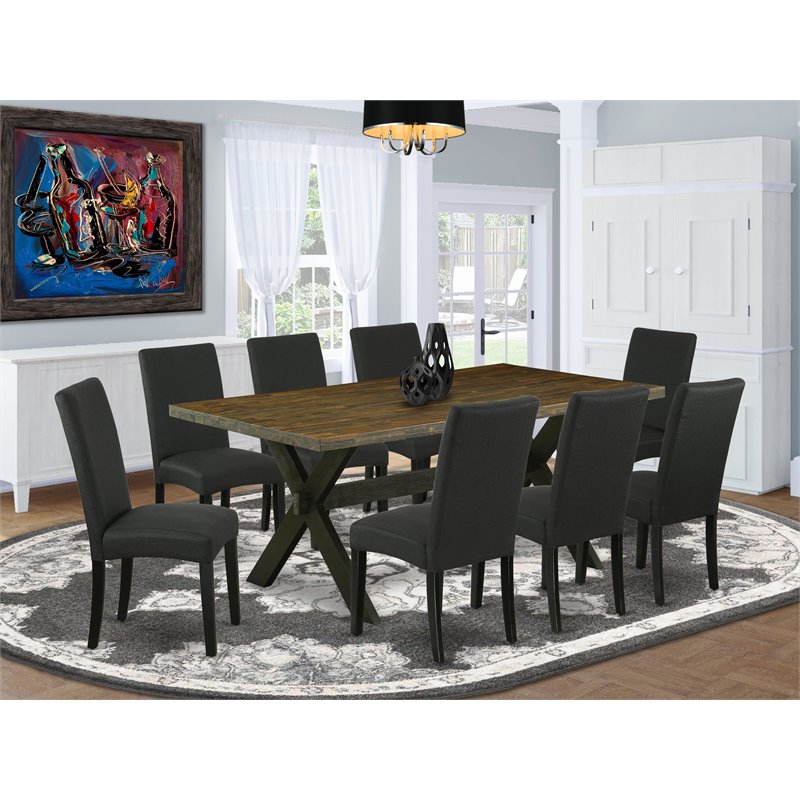 Pemberly Row 9-Piece Dining Table Set in Distressed Jacobean and Black