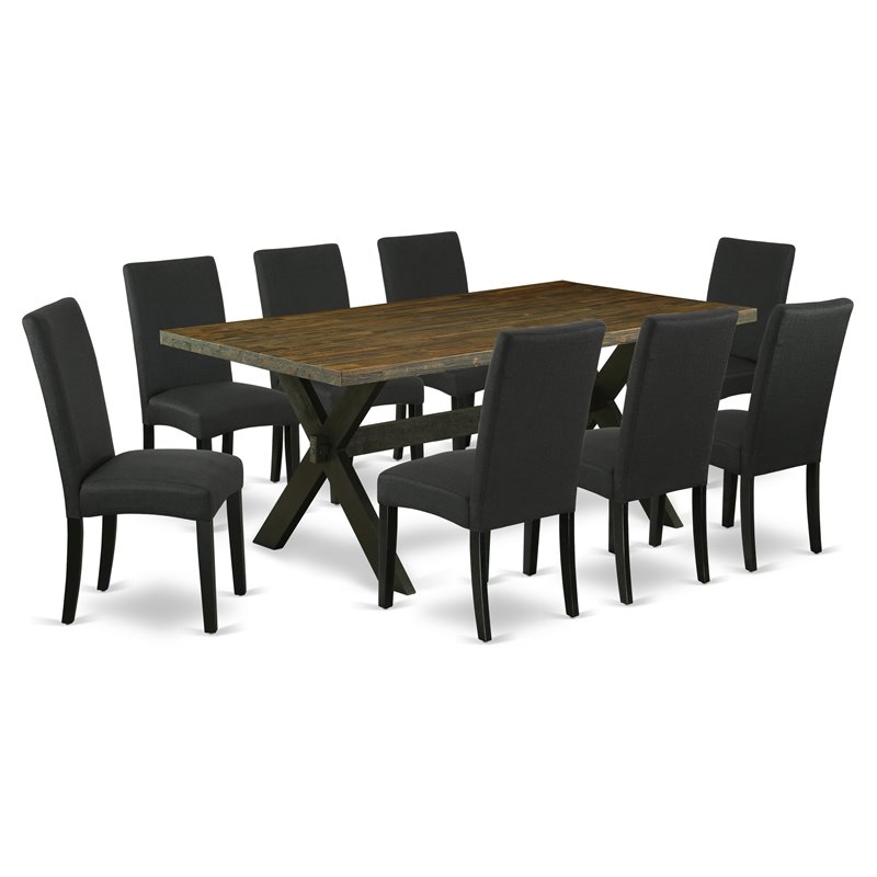 Pemberly Row 9-Piece Dining Table Set in Distressed Jacobean and Black