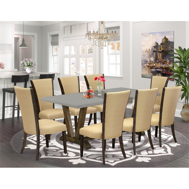 Pemberly Row 9-Piece Dining Set with Acacia Wood and Linen Upholstery