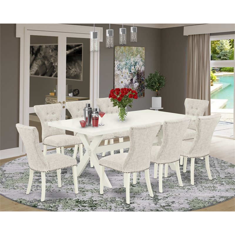 Pemberly Row 9-Piece Wood Dining Set with Linen White Table & Doeskin Chairs