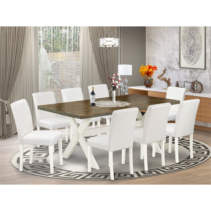Pemberly Row 9-Piece Dining Room Set in White PU Leather and Linen White