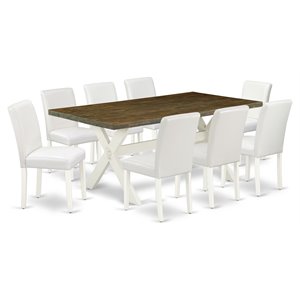 Pemberly Row 9-Piece Dining Room Set in White PU Leather and Linen White