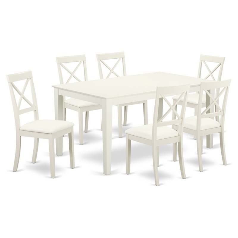 Pemberly Row 7-Piece Wood Dining Set with Leather Seats in White Finish