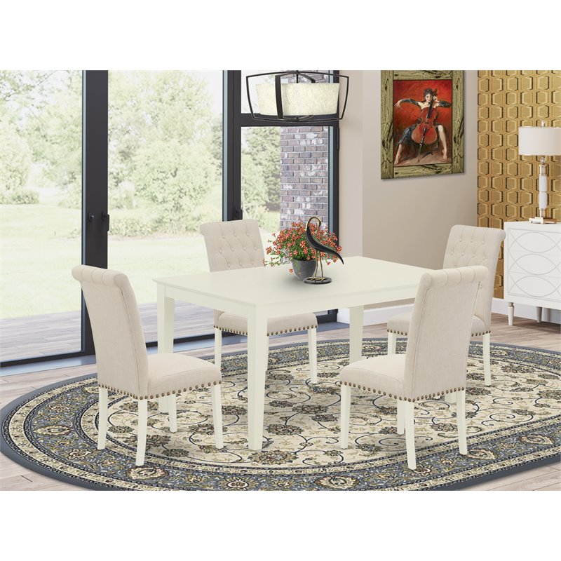 Pemberly Row 5-Piece White Wood Dining Set with Light Beige Chairs