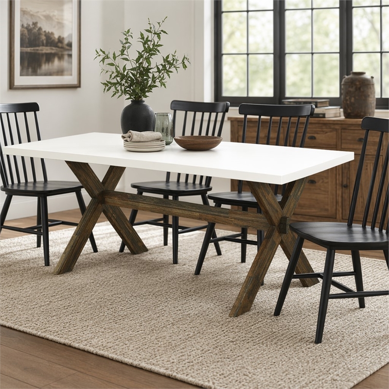 Pemberly Row Rectangular Wood Dining Table in Linen White/Espresso Finish