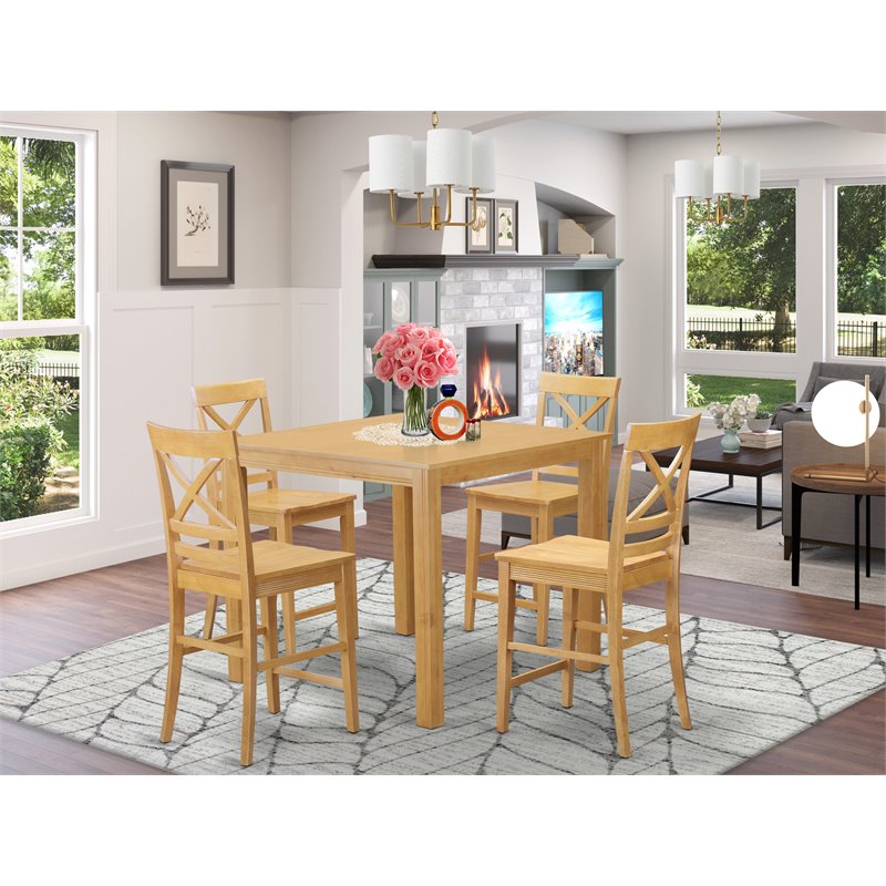 Pemberly Row 5-Piece Wood Dining Table and Stool Set in Oak