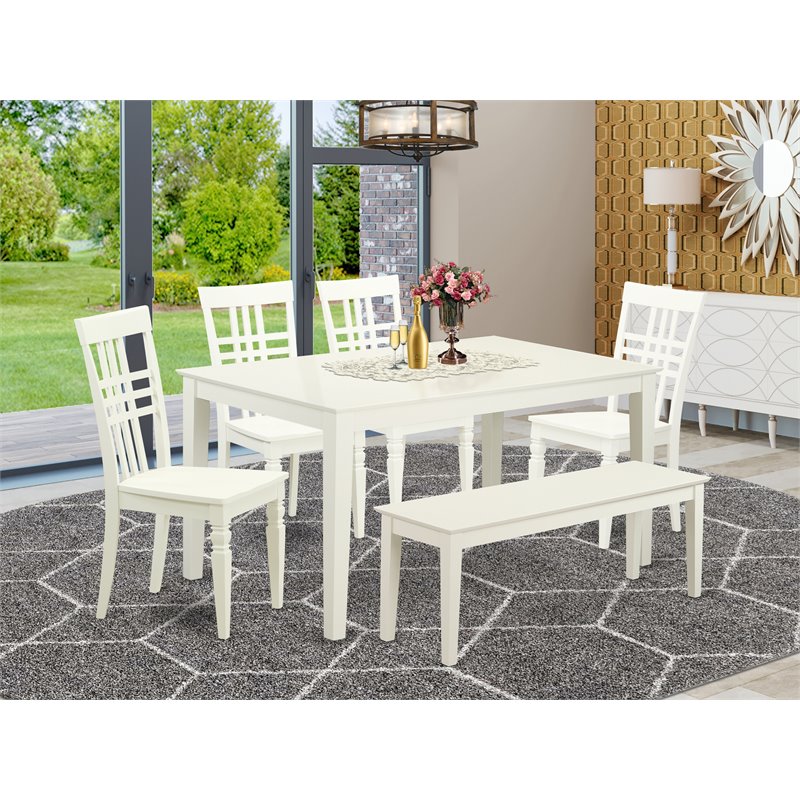 Pemberly Row 6-Piece Wood Dining Room Set with Bench in Linen White