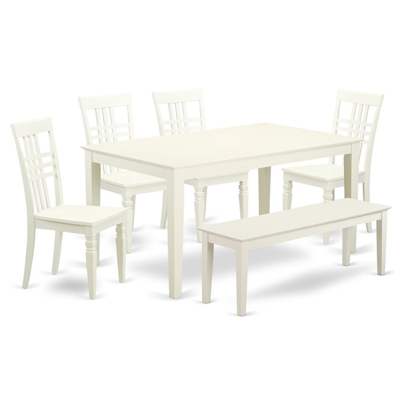 Pemberly Row 6-Piece Wood Dining Room Set with Bench in Linen White
