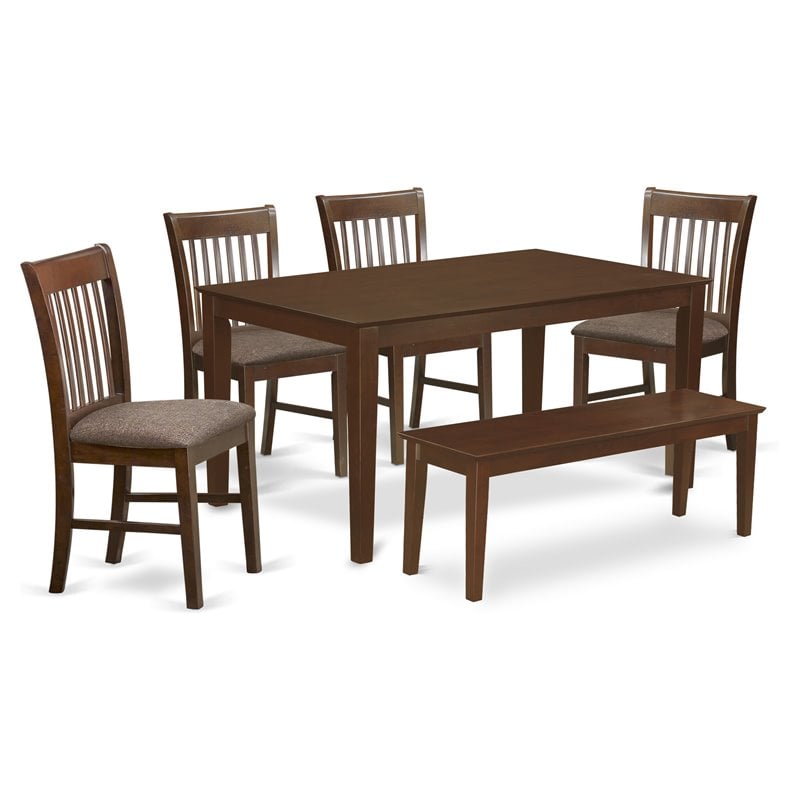 Pemberly Row 6-Piece Wood Dining Table Set with Bench in Mahogany