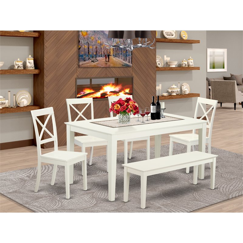 Pemberly Row 6-Piece Wood Dining Set with Bench in Linen White Finish