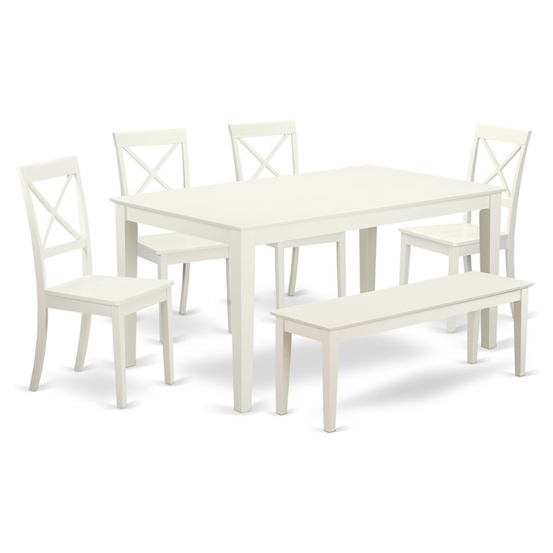 Pemberly Row 6-Piece Wood Dining Set with Bench in Linen White Finish