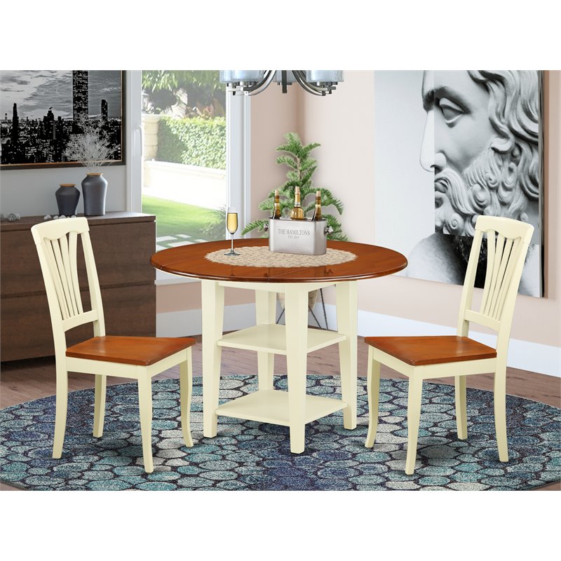 Pemberly Row Sudbury 3-Piece Round Dining Table Set in Buttermilk & Cherry
