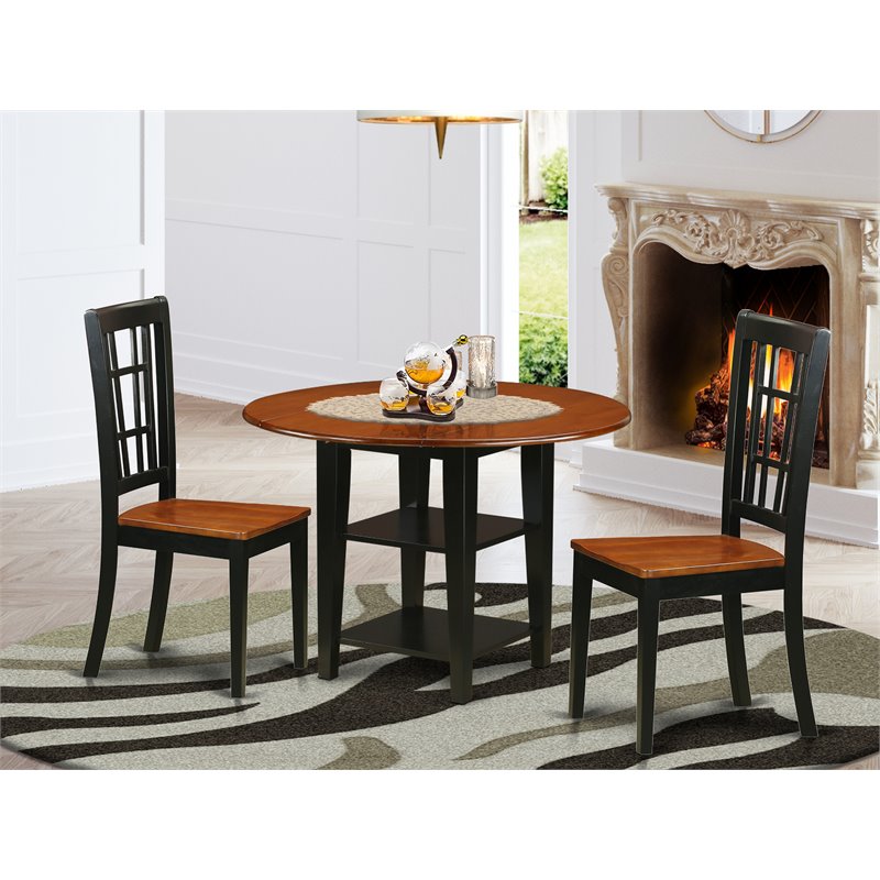 Pemberly Row 3-Piece Wood Dining Set in Black and Cherry with Wood Seats