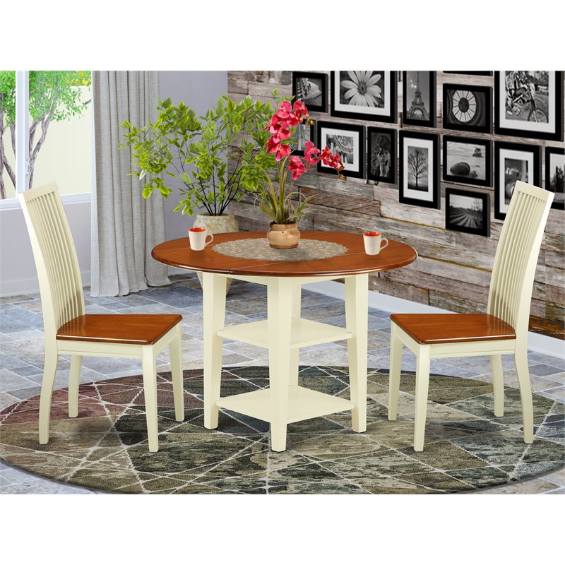 Pemberly Row 3-Piece Round Wood Dining Table Set in Buttermilk & Cherry