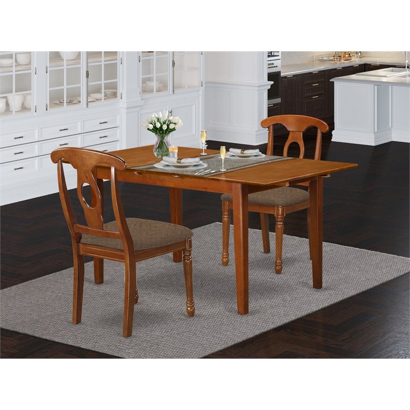 Pemberly Row 3-Piece Dining Set with Fabric Seats in Saddle Brown Wood