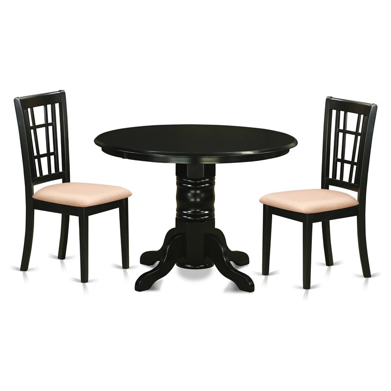 Pemberly Row Shelton 3-Piece Round Dining Set in Black with Linen Seats