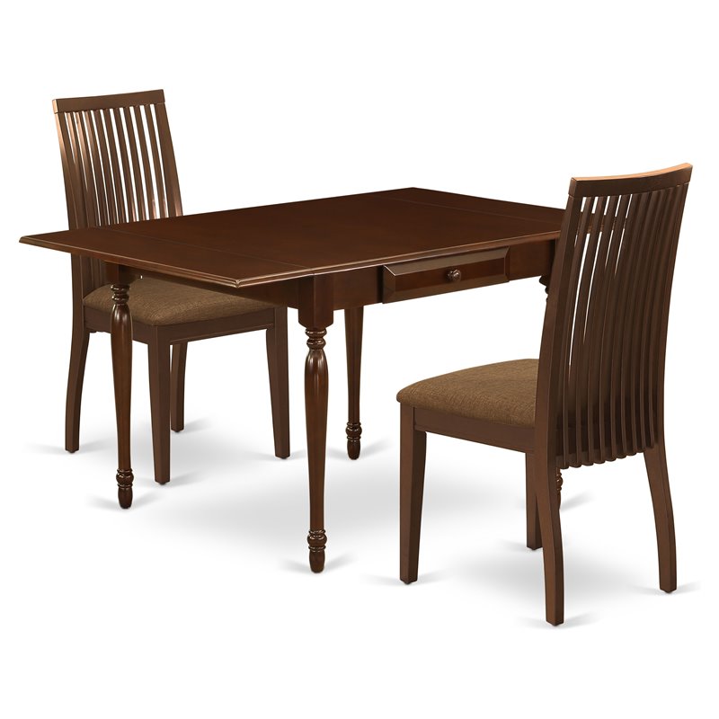 Pemberly Row Monza 3-Piece Dining Set with Linen Fabric Seats in Mahogany