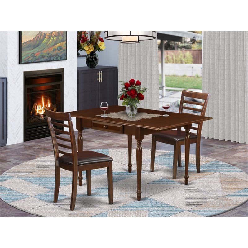 Pemberly Row 3-Piece Wood Dining Table Set with Faux Leather Seat in Mahogany