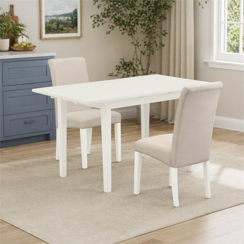 Pemberly Row Norfolk 3-Piece Dining Set with Parson Chairs in Linen White
