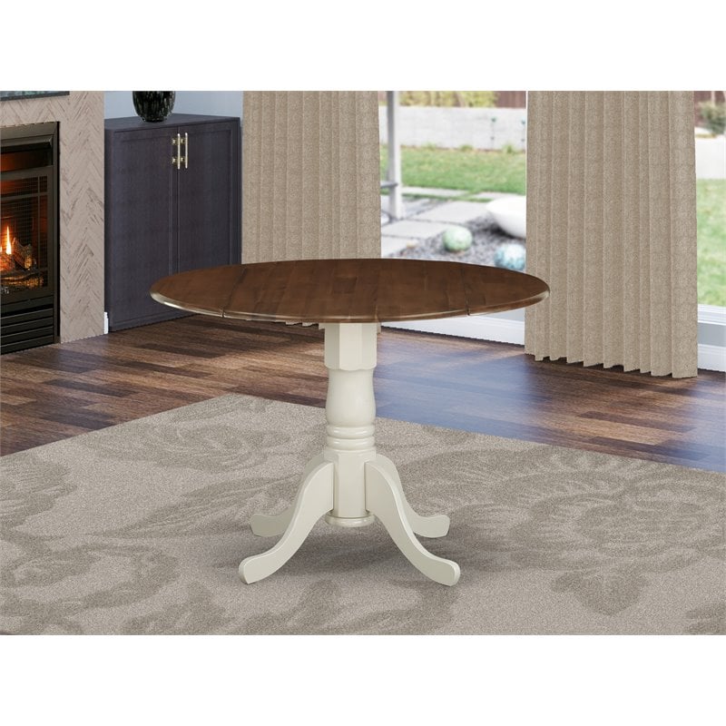 Pemberly Row Round Wood Dining Table with Drop Leaves in Walnut/White