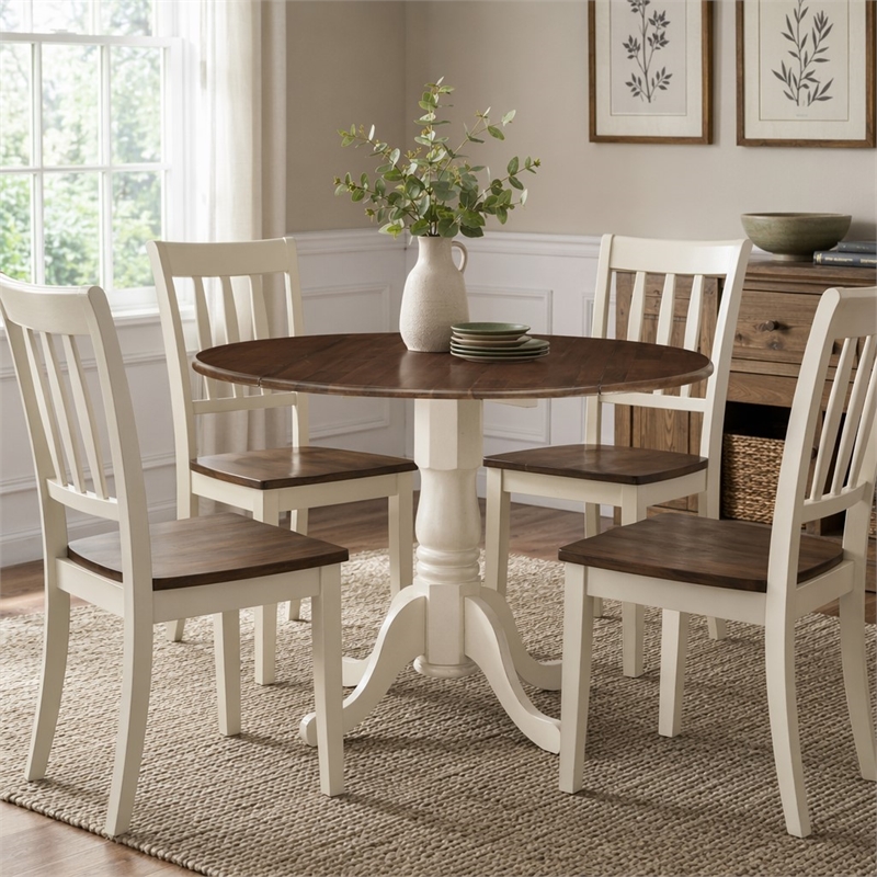 Pemberly Row Round Wood Dining Table with Drop Leaves in Walnut/White
