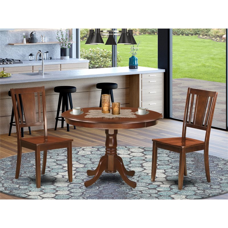 Pemberly Row 3-Piece Dining Set with Solid Wood Chairs in Mahogany Finish