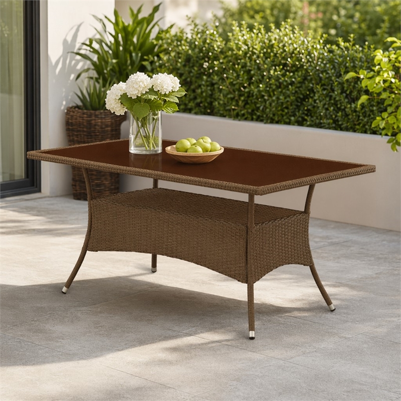 Pemberly Row Oslo Metal & PE Wicker Patio Dining Table in Brown