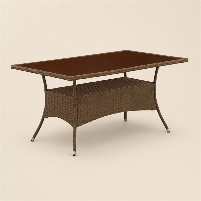 Pemberly Row Oslo Metal & PE Wicker Patio Dining Table in Brown