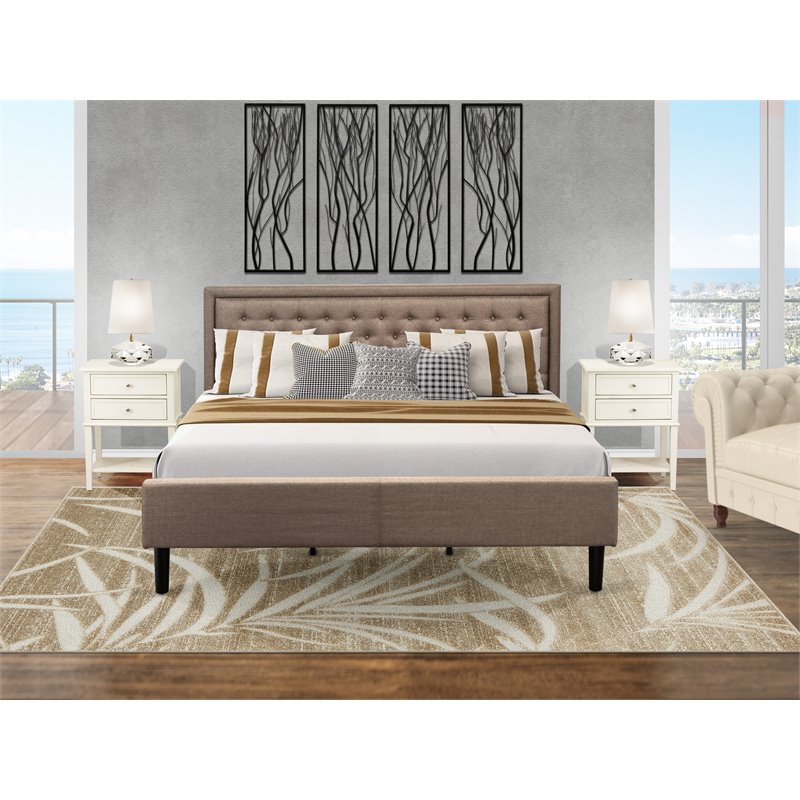 Pemberly Row 3-Piece Wood Bedroom Set Fabric Headboard Khaki Cream