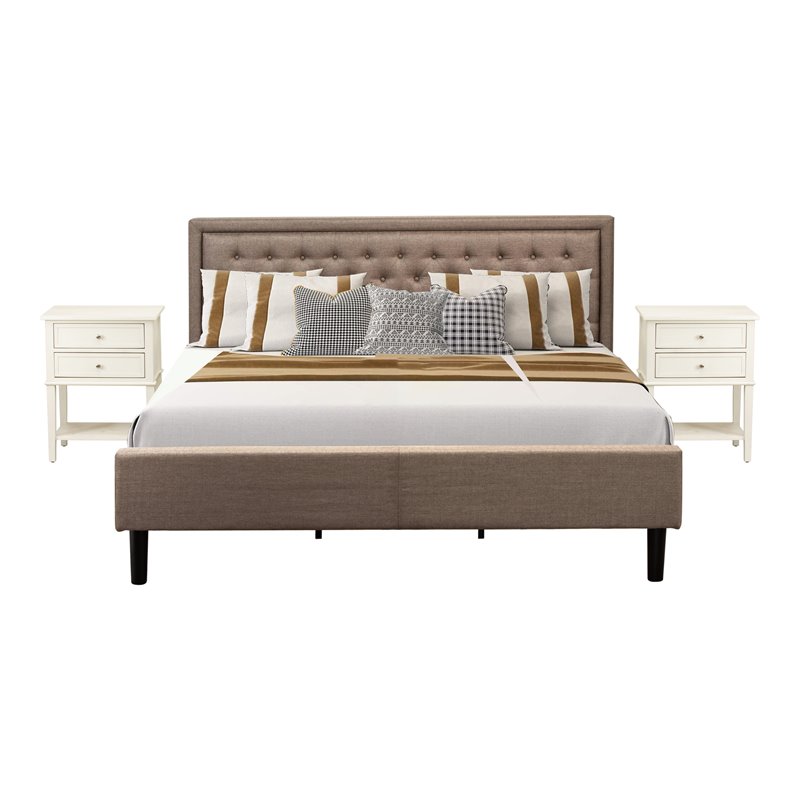 Pemberly Row 3-Piece Wood Bedroom Set Fabric Headboard Khaki Cream