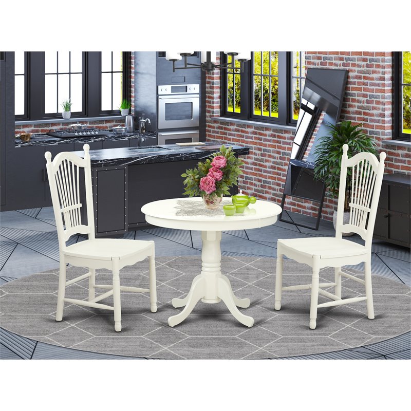 Pemberly Row 3-Piece Dining Set with Round Wood Table in Linen White