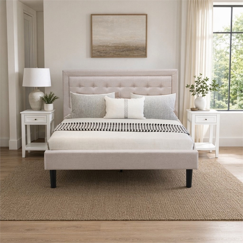Pemberly Row 3-Piece Queen Platform Bedroom Set with Mist Beige Fabric