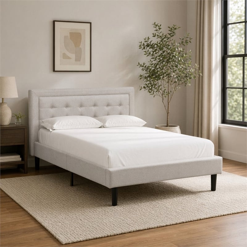 Pemberly Row Full Size Panel Bed in Mist Beige Upholstered Engineered Wood