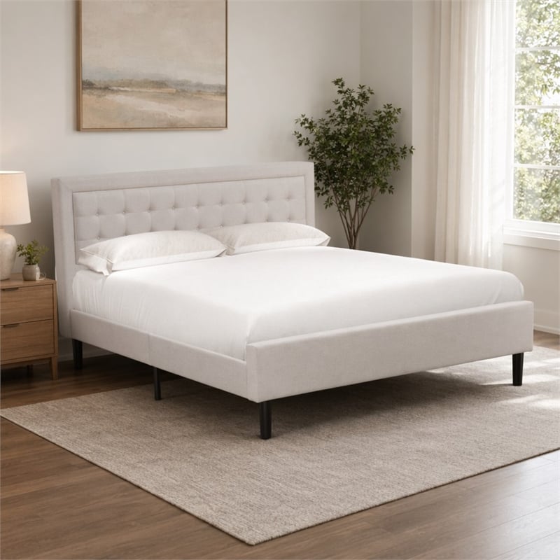 Pemberly Row King Size Upholstered Panel Bed in Mist Beige Engineered Wood
