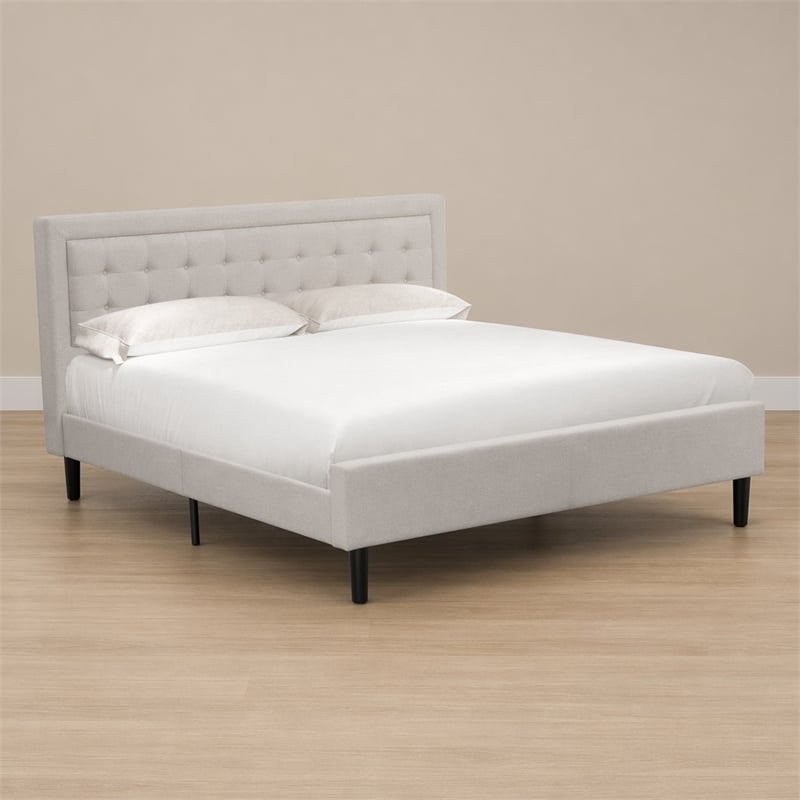 Pemberly Row King Size Upholstered Panel Bed in Mist Beige Engineered Wood