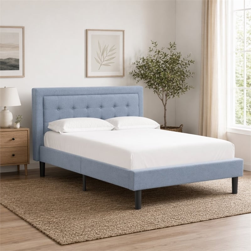 Pemberly Row Full Size Panel Bed in Denim Blue Upholstered Engineered Wood